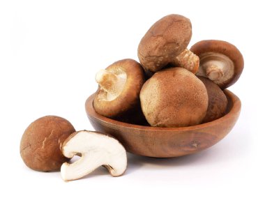 Beyaz arka planda izole edilmiş bir kasede taze şitake mantarları..