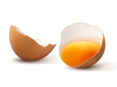 Kırık tavuk yumurtası ve beyaz arka planda izole edilmiş yumurta sarısı.