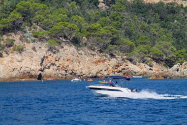 Açık mavi bir denizde, yemyeşil ağaçları olan kayalık bir sahil şeridinde seyreden bir sürat teknesi. Kayakçılar arka planda görülebilir, suyun tadını çıkarırlar..