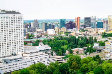 Yüksek binalar, yeşil parklar ve şehir altyapısının karışımından oluşan modern şehir siluetinin panoramik bir görüntüsü. Sahne, doğa ve mimarinin bir karışımını yakalar ve şehir hayatının canlılığını gözler önüne serer..