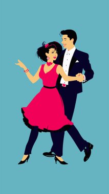 Eski moda bir tango dansı yapan çift. Vektör illüstrasyonu.