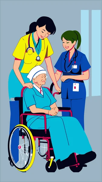 Verpleegster Zorgt Voor Een Oudere Vrouw Een Rolstoel Vectorillustratie — Stockfoto