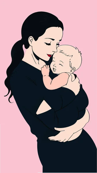 Mutter Hält Ihr Baby Auf Dem Arm Vektor Illustration Retro Stockfoto