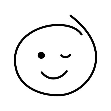 Black and white drawn winking emoticon smiling.