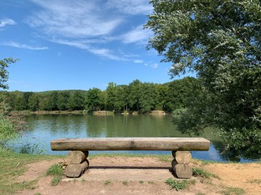 Close-up of a wooden beam bench near a lake surrounded by trees. Summer landscape and blue sky.