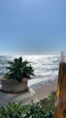 Endülüs, İspanya 'da okyanus manzaralı soğuk bir bardak bira. Dalgalar kıyıya vuruyor, bitkiler rüzgarda sallanıyor ve güneş gerçek bir yaz havası yayıyor..