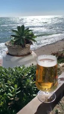 Endülüs, İspanya 'da okyanus manzaralı soğuk bir bardak bira. Dalgalar kıyıya vuruyor, bitkiler rüzgarda sallanıyor ve güneş gerçek bir yaz havası yayıyor..