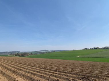 Ön planda yeni sürülmüş tarlaları ve açık mavi gökyüzünün altında yemyeşil tepeleri olan manzaralı kırsal bölge. Orta Avrupa 'da tipik bir bahar mevsimi için huzurlu bir kırsal manzara.