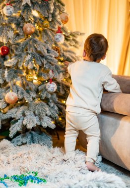 Noel, tatil ve çocukluk konsepti. Noel ağacının yanında şirin bir çocuk. Ev için büyülü şenlik dekorasyonu