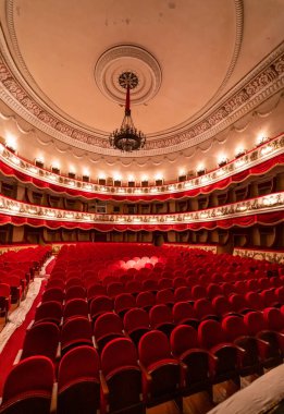 Luxury big theatre hall. Big auditorium with modern chairs.