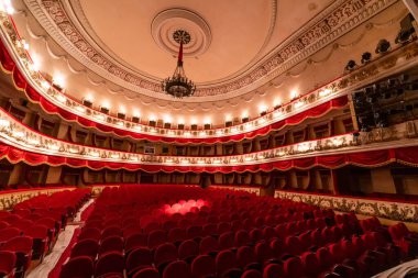 Big auditorium with modern chairs. Luxury big theatre hall.