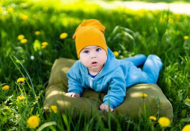 Little baby sitting on the green grass and yellow flowers. Baby boy on the dandelion meadow
