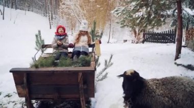 Noel Baba 'nın kızağındaki çocuklar. Noel Baba 'nın büyük kızağında oturan iki çocuk.