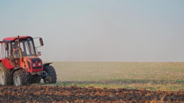 Traktor Pflügt Ein Feld Nahaufnahme Eines Traktors Der Feld Bestellt — Stockvideo