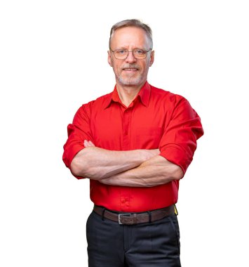 half length picture of a mid aged business man smiling with his arms crossed. isolated on a white background