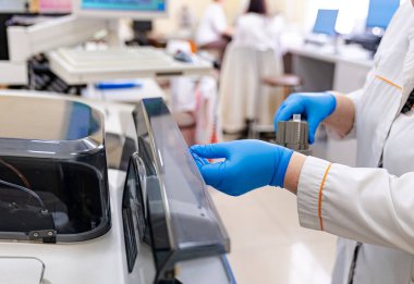 Analysing biochemistry equipment. Scientific laboratory for blood researching.