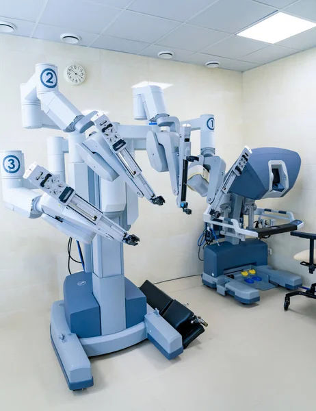Modern robot for surgery procedure. Da vinci robot in hospital ward.