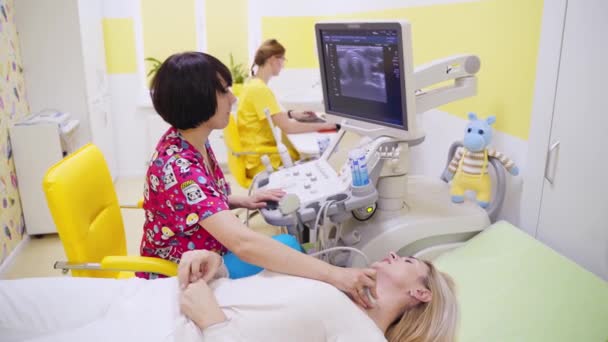 Sonograf Pomocą Ultrasonografu Lekarz Prowadzący Badanie Ultrasonograficzne Kobiety Klinice — Wideo stockowe