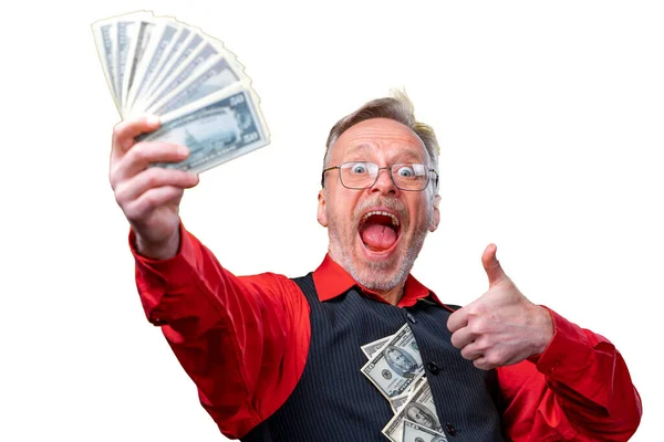 Gözlüklü Beyaz Tişörtlü Elinde Para Dolu Mutlu Bir Adam Beyaz — Stok fotoğraf