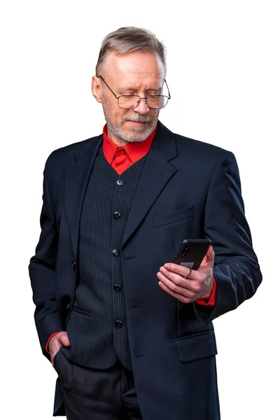 Portrait Senior Businessman Holding Hands Phone While Standing Studio White — Φωτογραφία Αρχείου