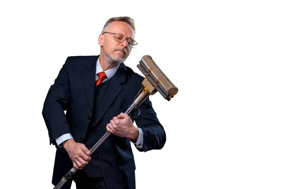 Adult Man Singing Mop White Background Holding Broom Microphone Man — Fotografia de Stock