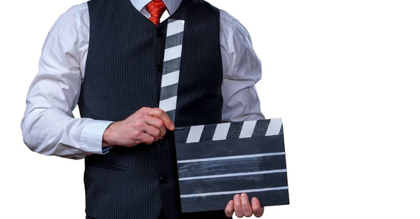 Man Movie Flap While Filming White Background Cropped Photo Film — Foto de Stock