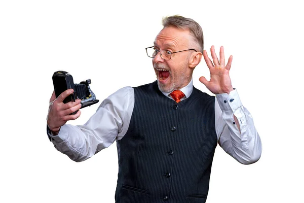 Senior Man Looking Camera Taking Silly Face Selfie Waving Camera — стоковое фото