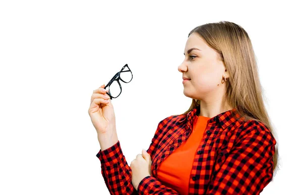 Een Vrouw Heeft Een Bril Geïsoleerd Witte Achtergrond Presentatie Van — Stockfoto