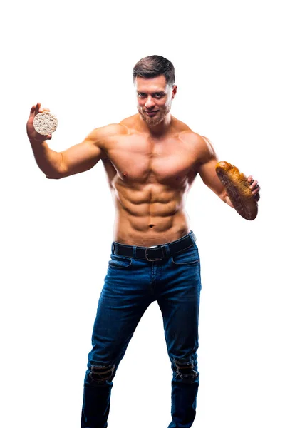 Muscled Sportsman Holding Cereal Cracker Bread Choosing Healthy Harmful Food — Foto Stock