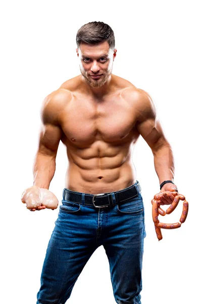 Muscular Young Sportsman Holding Chicken Breasts Sausage Dieting Sport Nutrition — Stok fotoğraf