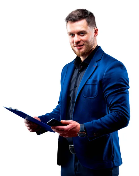 Confident Businessman Holding Phone Folder Hands Isolated White Background Studio — Φωτογραφία Αρχείου
