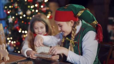 Mektupları olan çocuk ve elf. Noel Baba mektupları için ikametgahta hazırlanan çocuk