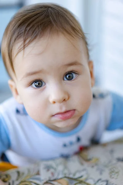 Close Sweet Little Baby Face Looking Camera Handsome Toddler Portrait — Photo