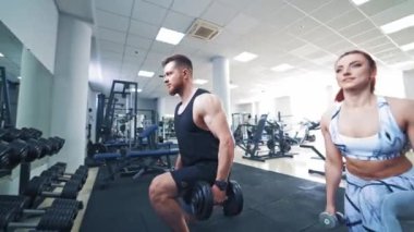 İnsanlar dambıllarla spor yapıyor. Spor salonunda genç kadın ve dambılı olan adam.