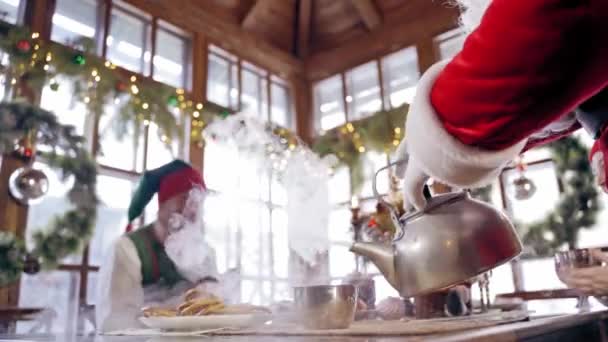 Elfos Alrededor Santa Claus Santa Claus Elfos Teniendo Fiesta Navidad — Vídeos de Stock