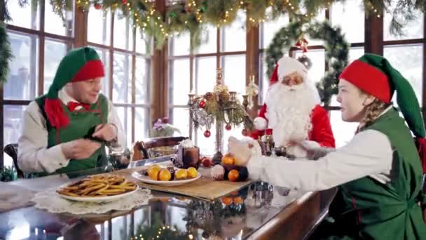 Crăciun Fericit Cină Elfii Distrează Timpul Cinei Masă — Videoclip de stoc