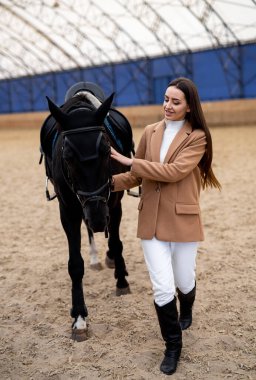 Atlı güzel bir bayan. At portresi olan bir kadın jokey..