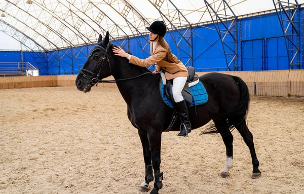 Woman riding a horse inside a arena. A woman riding on a majestic black horse