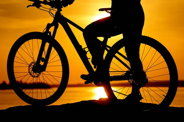Silent Solitude: A Mesmerizing Sunset Bike Ride in Silhouette. A silhouette of a person riding a bike at sunset