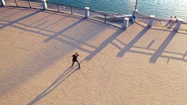 Dancer Performing Modern Dance Aerial View Young Man Dancing Street — Stock Video