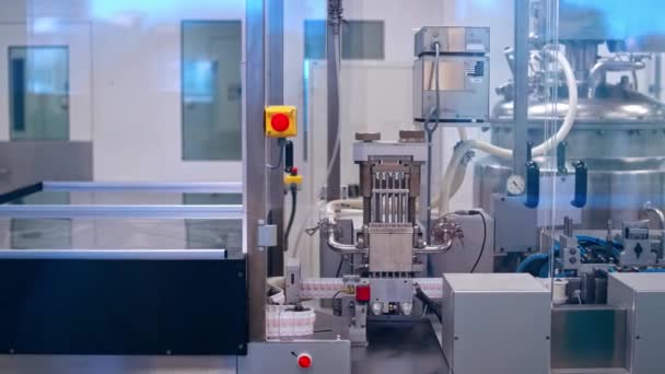 Процесс Производства Таблеток Фармацевтический Работник Управляет Упаковочной Машиной — стоковое видео