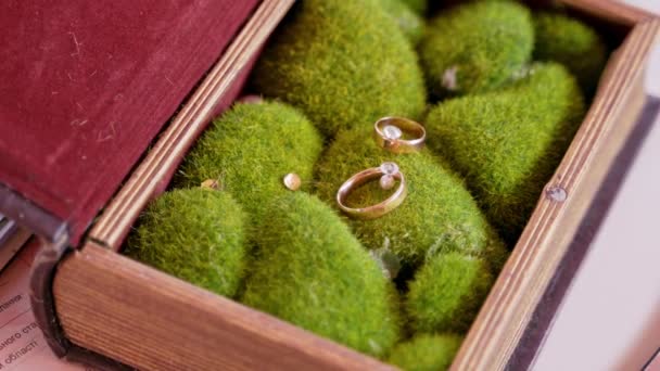 結婚式のための高級ジュエリー ジュエリーボックス内の高級婚約指輪のクローズアップビュー — ストック動画