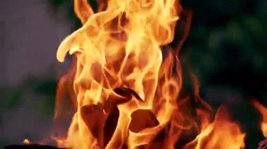 Barbekü için odun yakıyorum. Barbekü için bir sürü ağacın hazır olduğu sıcak bir şömine.