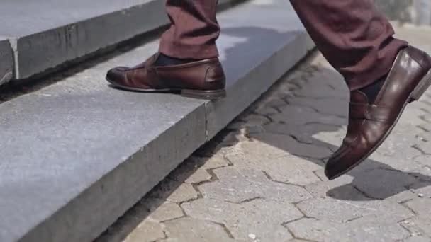 Üzletember Sétál Fel Emeletre Egy Üzletember Közeledik Felfelé Lépcsőn — Stock videók