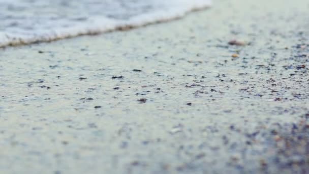 Пена Берегу Моря Пляже Закрыть Вид Мягкие Волны Накрывшие Песчаный — стоковое видео