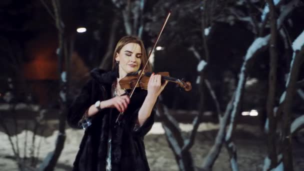 音乐家晚上用小提琴演奏 美丽小提琴手在冬夜街上演奏的肖像 — 图库视频影像