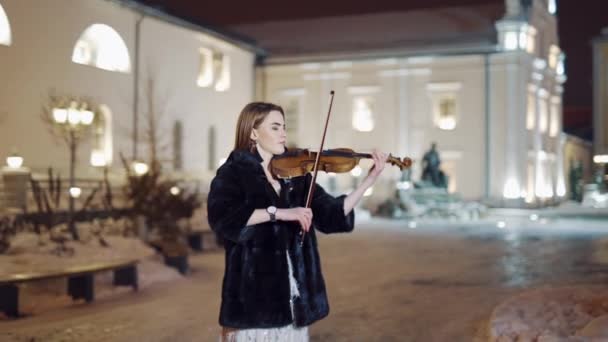 Женщина Играющая Скрипке Роскошная Девушка Играет Скрипке Зимней Обстановке — стоковое видео