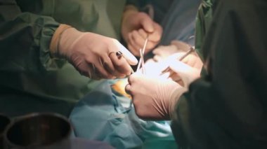 Bir grup cerrah ameliyathanede. Bir grup doktor ameliyat sırasında bir hastaya konsantre oluyor.