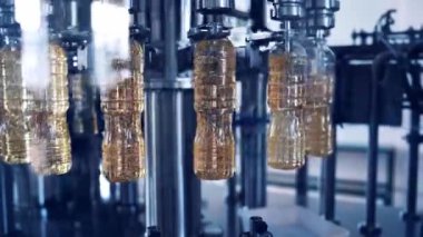 Yağ dolu plastik şişeler daire şeklinde hareket ediyor. Ayçiçeği yağını şişelere dolduran endüstriyel ekipmanlar. Pişirme yağı fabrikası.