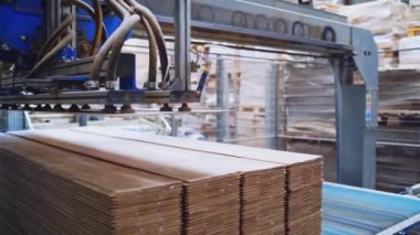 Ahşap fabrikasında robot teçhizatı. Ahşap mobilya üretimi için endüstriyel fabrikanın içi. Parke tahtaları yığını.